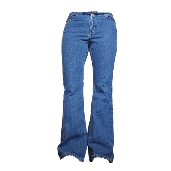 Y2K Tommy Hilfiger Low Rise‎ Flare Jeans Sz 7 Inseam 31 Preppy W Logo Front Back - Picture 2 of 12